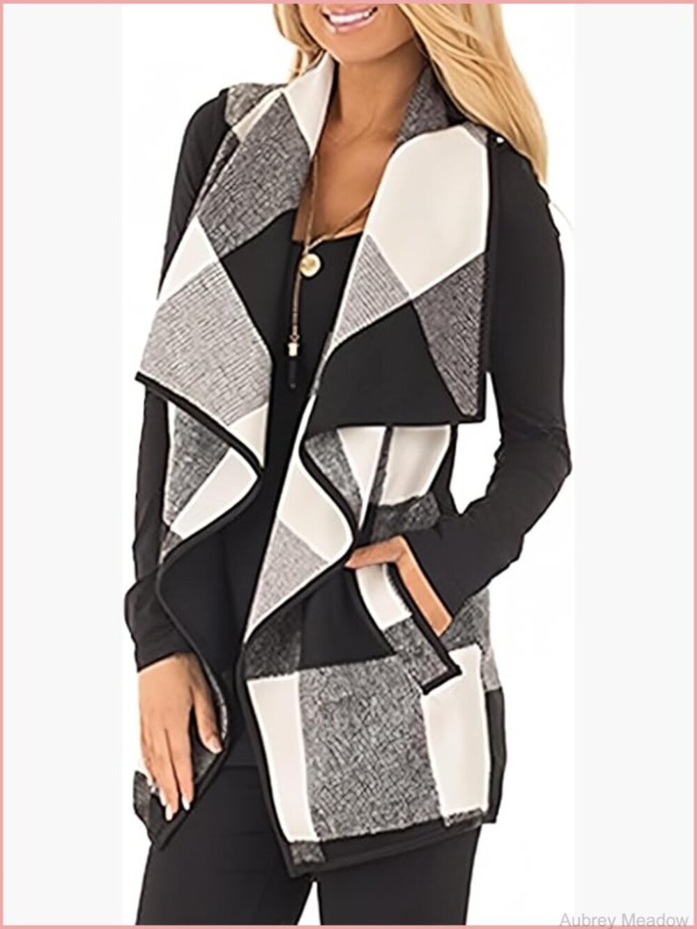 Buffalo Plaid Vest Lapel Open Front Sleeveless Cardigan with Pockets